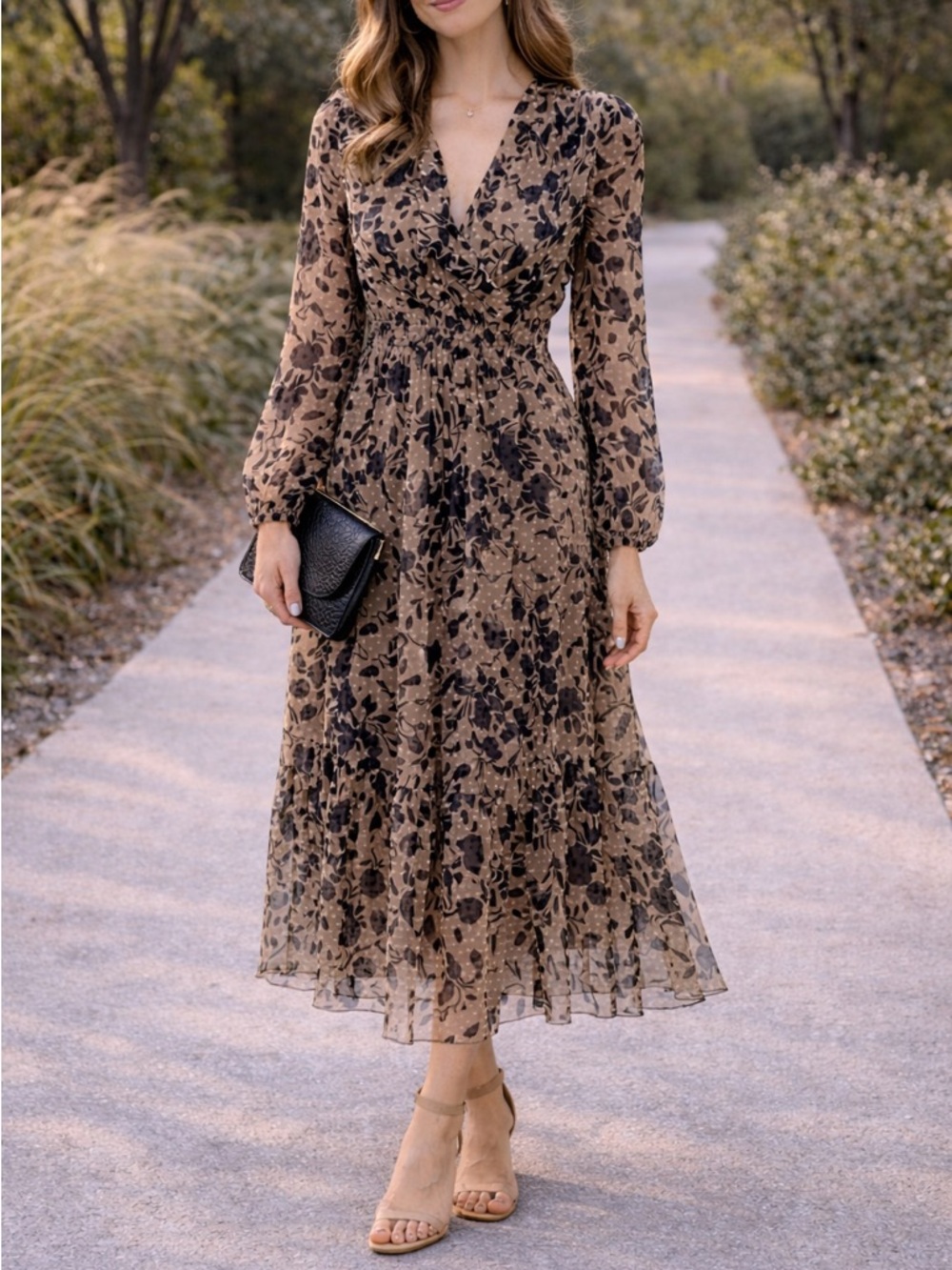 REVOLVE Taupe and Black Floral Maxi Dress